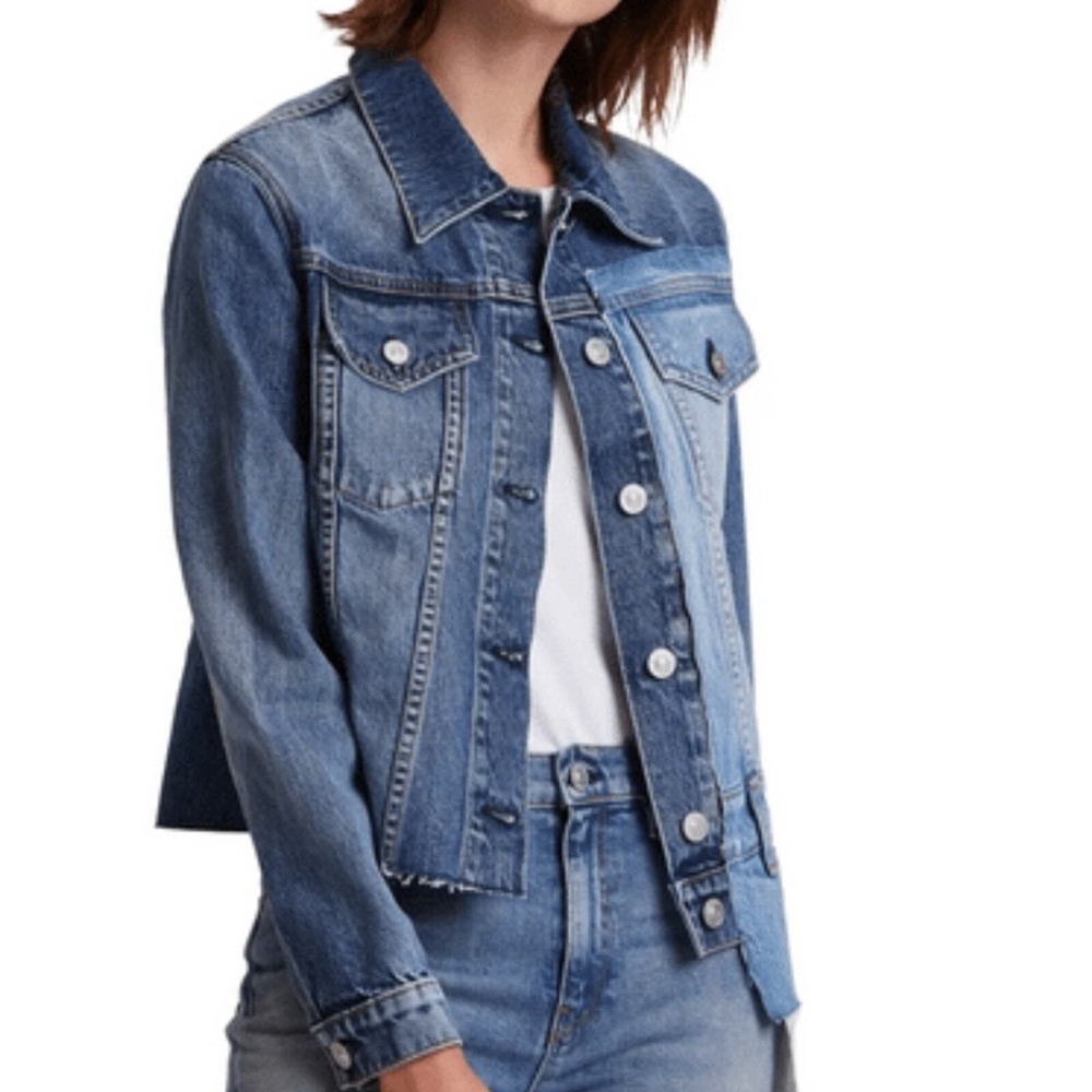 Hudson NWT Spliced Trucker Deconstructed‎ Denim Jacket Patchwork Blue Distressed